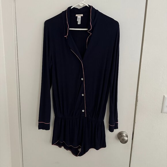 Eberjey Gisele Navy Sleep Romper PJ Pajamas Blue Pink Trim M - Picture 3 of 4